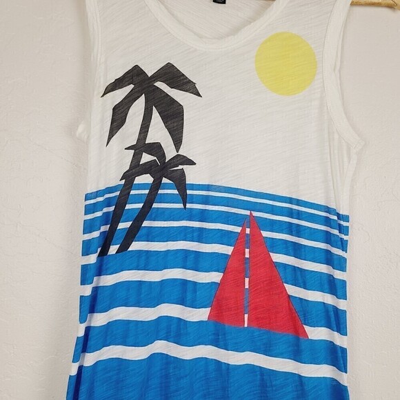 J. Crew Coverup Tank Dress 2XS Blue White Cotton Knit Sailboat Tropical … - Picture 2 of 6